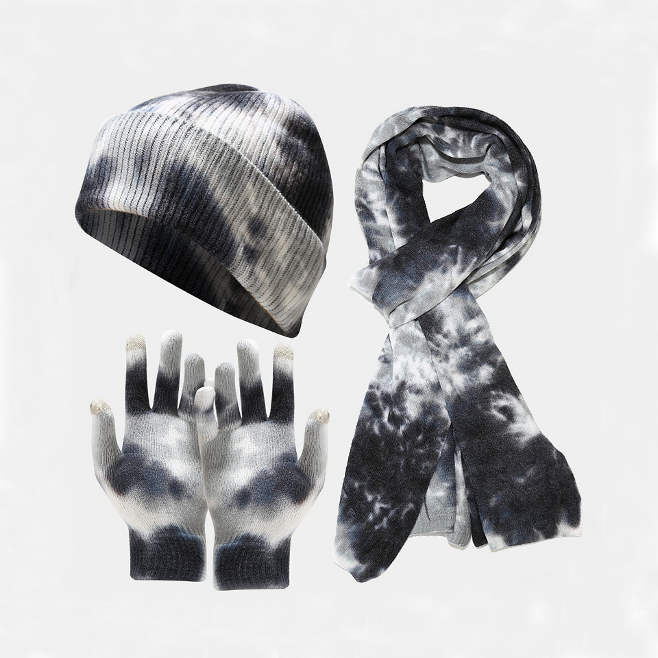 New Tie Dyed Knitted Glove Scarf Women's Autumn and Winter Outdoor Cold Protection Hat Three piece Set for Men_voghion.com