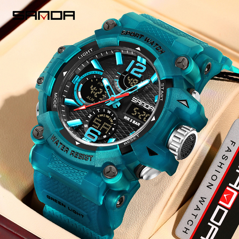 SANDA nuevo reloj de pulsera juvenil transparente al aire libre cool doble reloj de pantalla hombre impermeable luz nocturna reloj electrónico