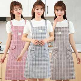 新款韩版时尚简约格子围裙厨房做饭家用防污帆布工作服无袖夏季