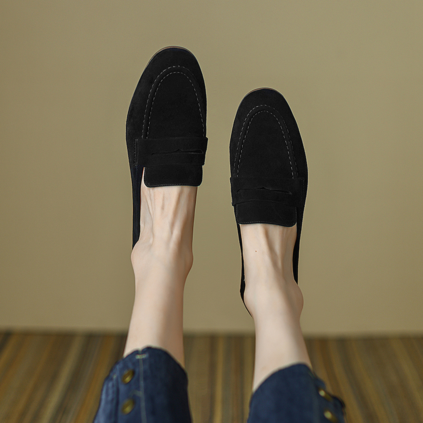 Giày Loafer Nữ Mũi Vuông Gót Bệt Phong Cách Anh Quốc — nâu