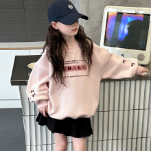 女童休闲卫衣秋冬款2025新款洋气女大童春季加绒圆领套头打底衫潮