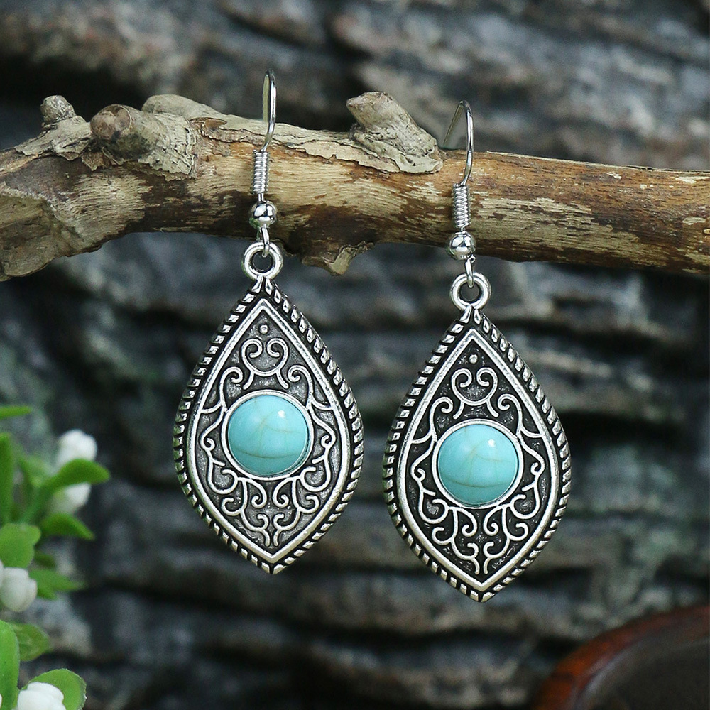 14g Weight Vacuum Plating Gold Plating Process Alloy Ear Needle Material Drop Earrings Classification 1 Pair Quantity Casual Occasion Alloy, turquoise Material Water Droplets Pattern Women's Gender Plating Design Retro Style 1 Pair Retro Water Droplets Plating Alloy Turquoise Drop Earrings 9