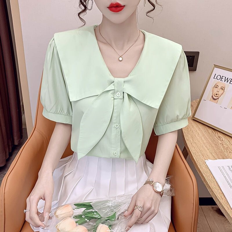 Short-Sleeved Shirt for Women 2026 Summer Design Niche Blue Shirt with French-Style Bow Chic Top Short-Sleeved Shirt for Women 2026 Summer Design Niche Blue Shirt with French-Style Bow Chic Top