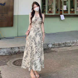 复古水墨画印花无袖V领连衣裙女夏收腰温柔风气质a字长裙跨境批发