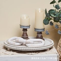 现货木珠托盘法式乡村家用茶盘咖啡厅餐盘桐木做旧圆形串珠收纳盘
