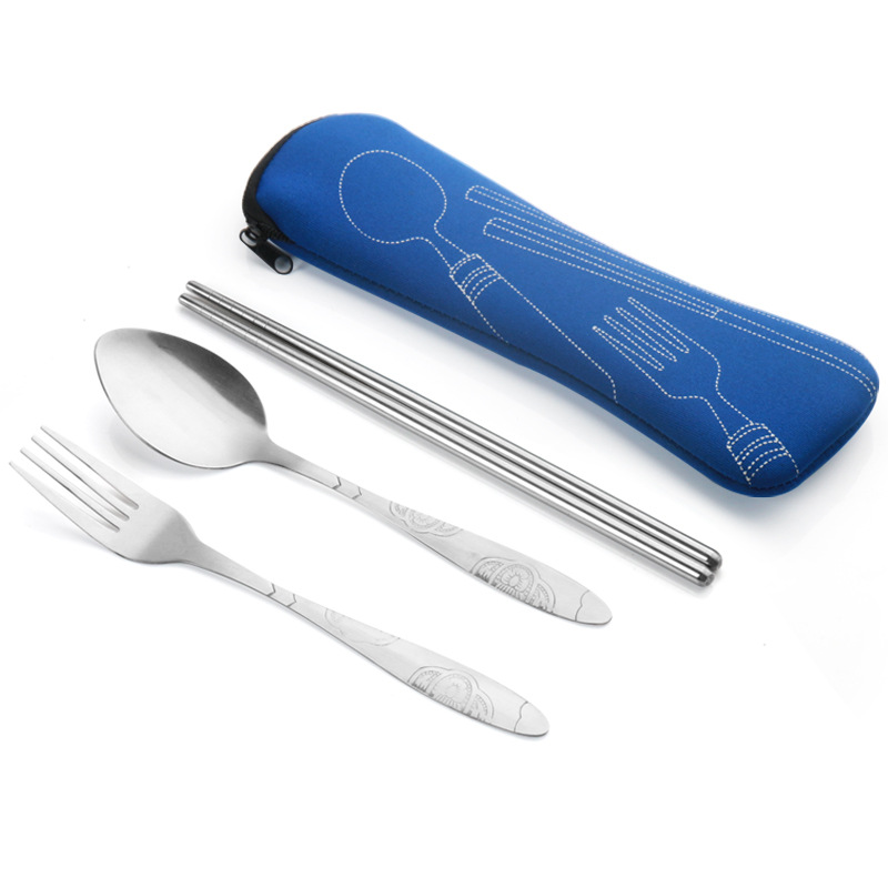 Stainless steel travel cutlery set with patterns, spoon, fork, and chopsticks, three-piece set promotional gift with logo
