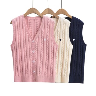 24 Korean Women's New Retro Preppy Style Knitted Vest V Neck Single-Breasted Heart Embroidered Sweater