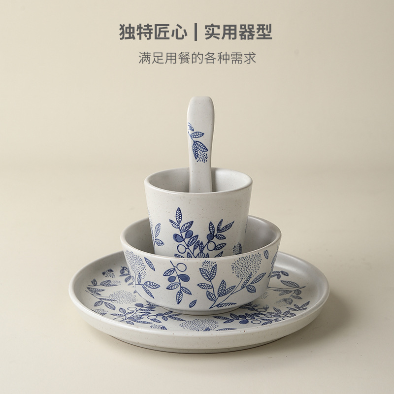 Hand-Painted Blue and White Tableware Three-Piece Set, Rustic Ceramic Chinese Style Commercial Hotel Clubhouse Bowl, Spoon, Plate, Cup Four-Piece Set Wholesale Hand-Painted Blue and White Tableware Three-Piece Set, Rustic Ceramic Chinese Style Commercial Hotel Clubhouse Bowl, Spoon, Plate, Cup Four-Piece Set Wholesale