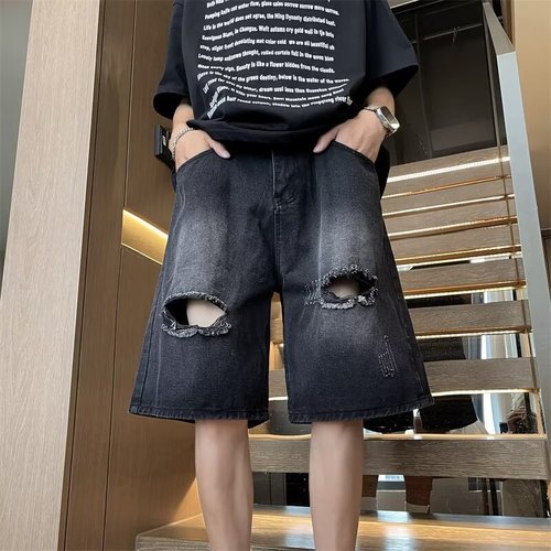 Men's Summer Thin Hole Denim Shorts, American Street Fashion Brand Loose Straight Leg Pants, Cool Casual 5-Finger Pants
