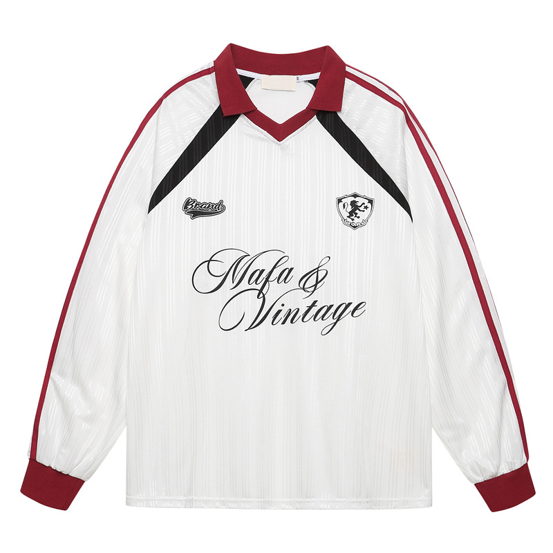 原创美式复古钉珠设计字母运动长袖T恤男女秋季潮牌宽松V领球衣潮