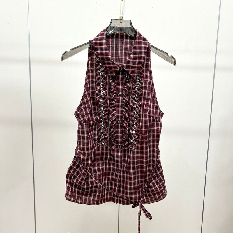Retro Red Plaid Halter Neck Sleeveless Shirt for Women, New Summer Style with Sequins and Ruffled Edges, Waist-Cinching Spicy Girl Style Outerwear Top