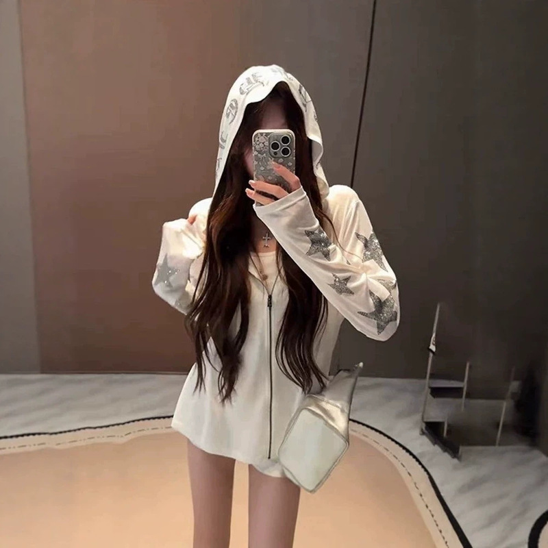 Snowflake Cotton Star Rhinestone Hooded Jacket Long-Sleeve Women's Summer Thin Breathable Loose Zipper Sun Protection Jacket