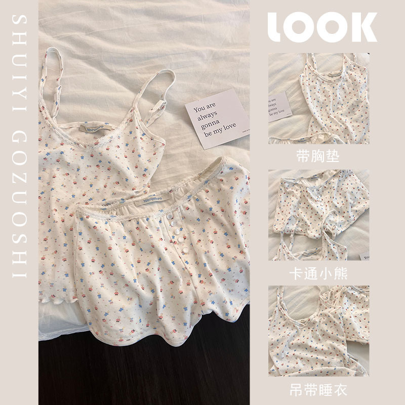 Summer Sweet Cartoon Print Suspender Pajamas with Breast Pads for Women New Pure Desire Vest Shorts Home Wear Set