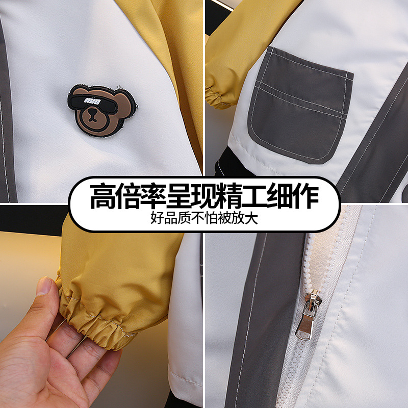 7708 Chaquetas de cuello alto para niños Chaquetas de color de contraste fuera de la gabardina 2025 Nuevos productos Ropa para niños Niños pequeños y medianos Bebé con capucha