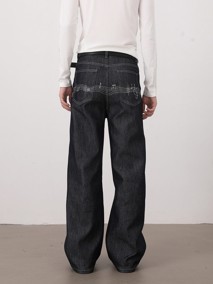 Quần jeans nam màu nguyên bản thêu họa tiết nốt nhạc phong cách retro, dáng cleanfit ống rộng suông chữ A — Xanh nguyên bản