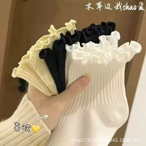 Wood-ear socks women's summer short tube Mary Jane shoes lace socks spring and autumn women's white tide socks