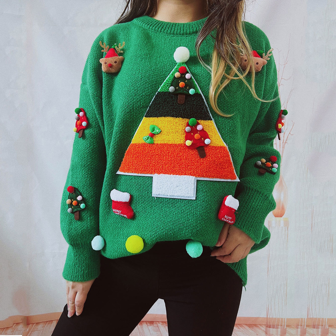 Women's Clothing Christmas sweater Christmas tree jacquard three dimensional decorative sweater women's sweater_voghion.com
