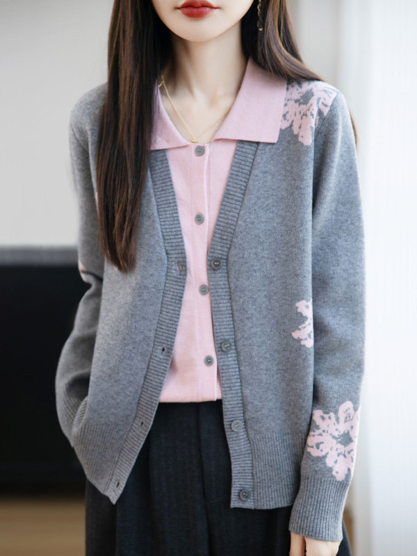 【厂家直供】翻领假两件毛衣针织开衫外套女秋季新款提花减龄外搭|undefined