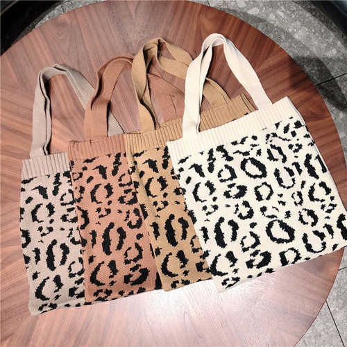 910231 Korean style autumn and winter knitted shopping bag leopard print woven shoulder ins casual portable woolen cloth bag
