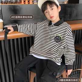 男童POLO领卫衣2026新款韩版中大童卫衣潮童黑白条纹洋气宝宝T恤