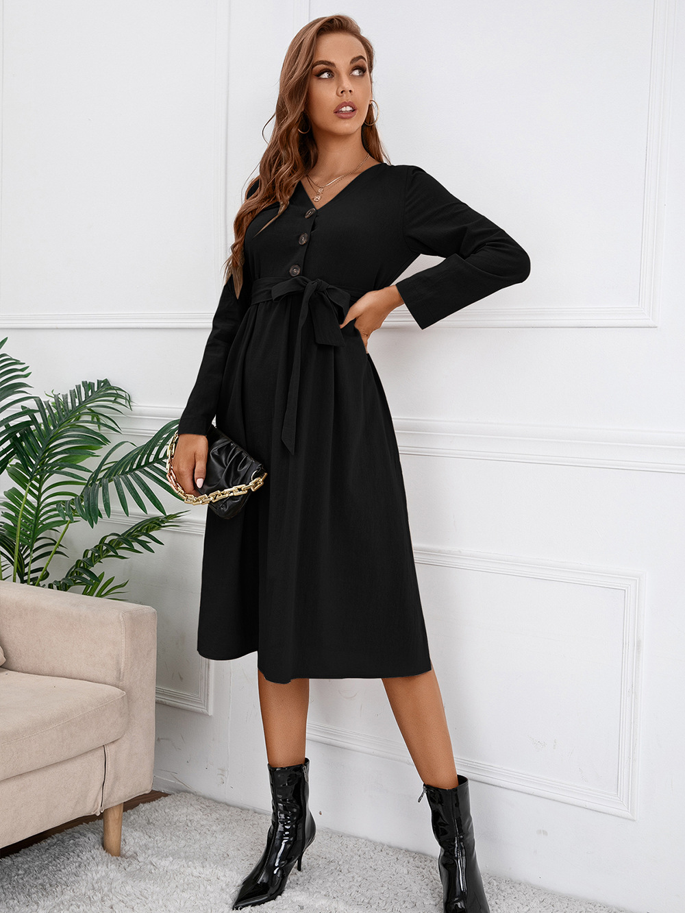 bow straps single-breasted V-neck long-sleeved dress NSYBL136718