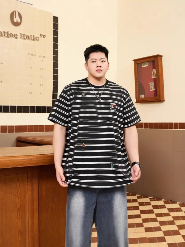 トレンディなブランド大きいサイズメンズ刺繍半袖Tシャツメンズ夏ルーズプラスファットプラスサイズカジュアルストライプ半袖Tシャツ|undefined
