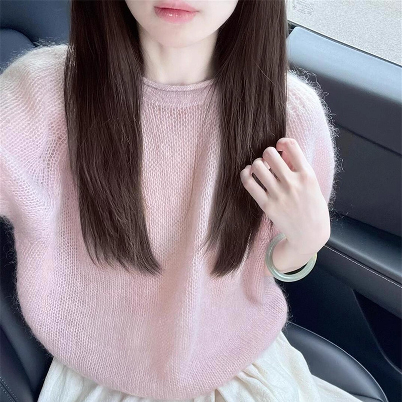 韩系早秋季氛围感穿搭粉色奶fufu软糯短袖针织衫毛衣女泡泡袖上衣|undefined