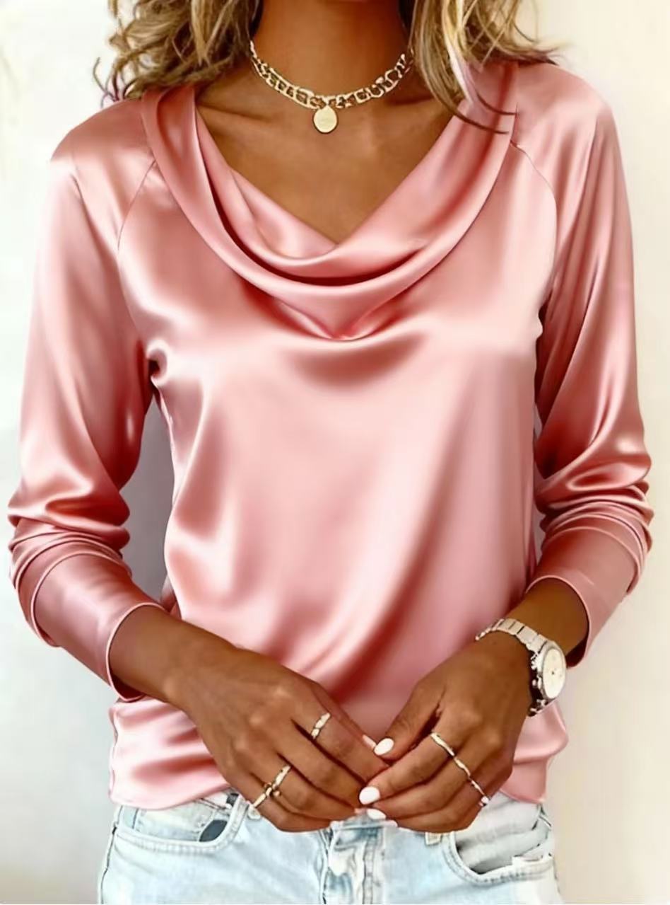 Women's Draped Neck Blouse - Oversized Long Sleeve Shirt For Work & Casual (S-XXL, 5 Colors)_voghion.com