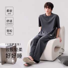 夏季新款纯棉男士短袖长裤套头睡衣时尚休闲男家居服图片色居家