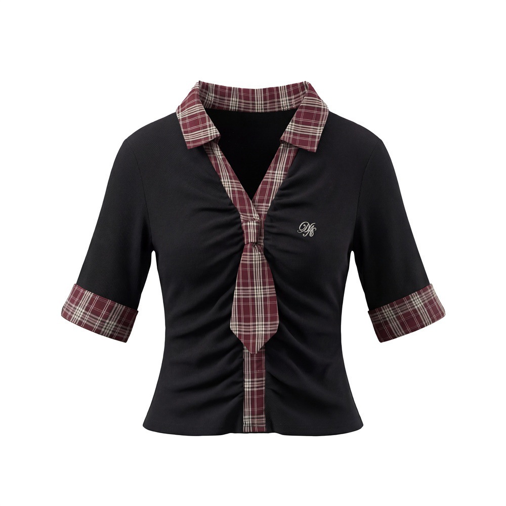 Women's Slim Fit Half Sleeve T-Shirt Sweet And Spicy Style Summer Fake Two-Piece Design Tie Detail Short Sleeve Top_ecoleips.com