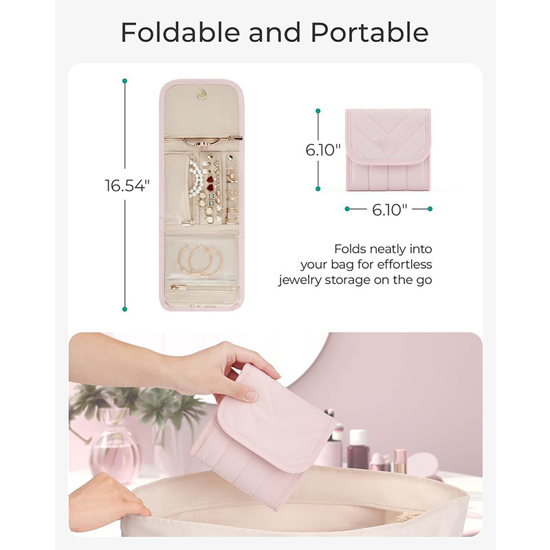 Nueva bolsa de almacenamiento de joyas de viaje, caja de almacenamiento de joyas, caja de rollo de joyería plegable, adecuada para collares y pendientes de viaje