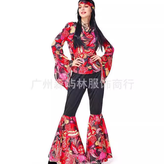 Europe and the United States new cross-border Halloween hippie suit 70 s disco role playing flared pants printed suit Europe and the United States new cross-border Halloween hippie suit 70 s disco role playing flared pants printed suit