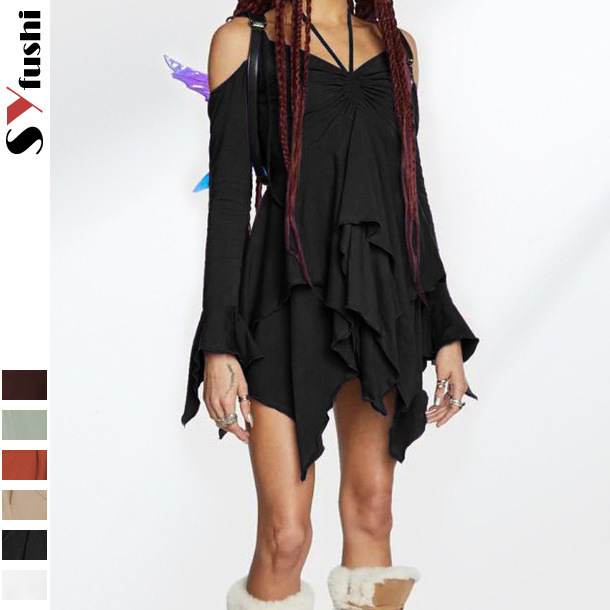 Cross-Border Gothic Hot Girl Style Milk Silk Women's Clothing Spliced Off-Shoulder Long-Sleeved High-Waist Suspender Skirt Ruffled Dress