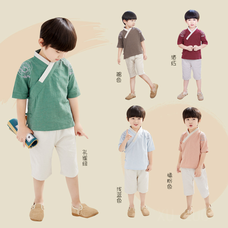 Children's Tang Suit Chinese Style Cotton and Linen Hanfu Suit Summer Baby's Tang Suit Children's Guoxue Suit Boy's Performance Suit