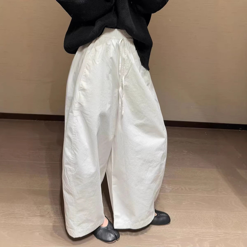 Highly Recommended! White Wide-Leg Casual Barrel-Shaped Pants for Women, Thin Drawstring Elastic Waist Sun Protection Pants, Casual Long Pants