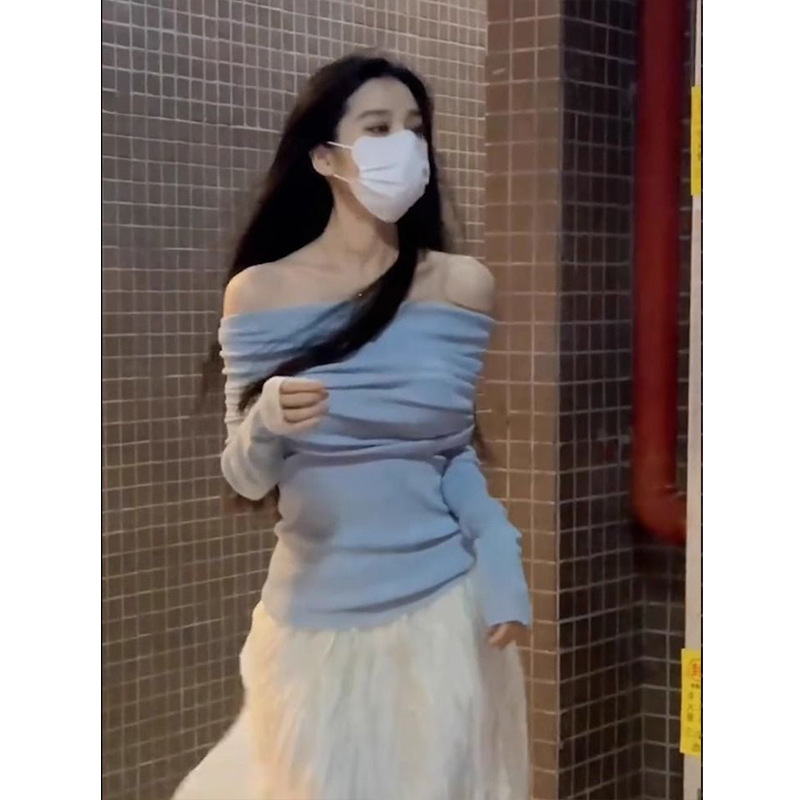 260g 1*1 Rayon Ribbed Regular/Thin Velvet Pure Desire Style Blue Off-Shoulder French Style Long-Sleeve Top