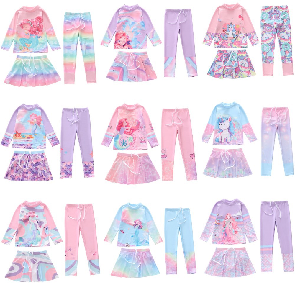 Children's Swimwear Women's New Split Sunscreen Girls' Swimwear Long-sleeved Trousers Small, Middle and Large Children's Students Girls' Swimwear