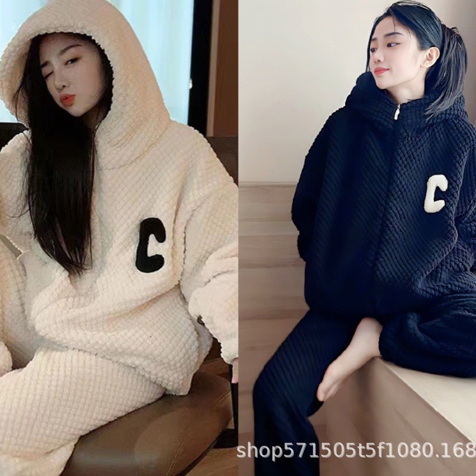 가을 겨울 커플 산호 벨벳 두꺼운 잠옷 인터넷 연예인 인기 빅 C 후드 지퍼 가디건 따뜻한 홈웨어 세트