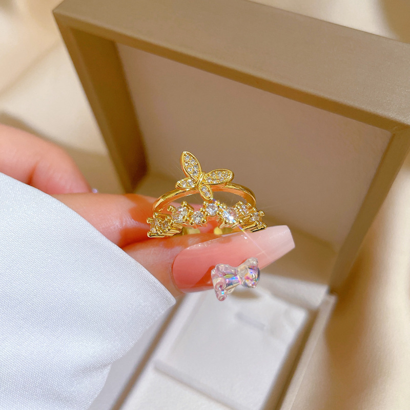 【 Real Gold Plating 】 Open Butterfly Women's Fashion Micro Inlay Light Luxury Finger Ring, Index Finger Ring, Netting_voghion.com