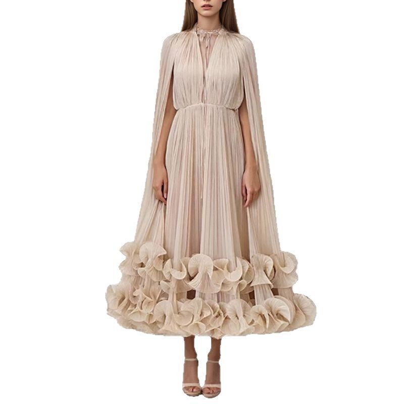 Opera Cape Dress – Double-Layer Ruffle Trim & Empire Waist (Navy/Blush/Chocolate, Polyester Blend, Flowing A-Line Silhouette For Regal Presence)_voghion.com
