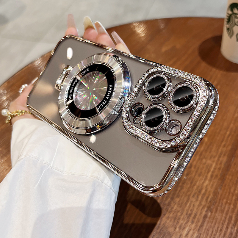 Funda para iPhone 17, soporte magnético con diamantes de imitación electrochapados para iPhone 15, funda para iPhone 14 Pro con borde adornado.