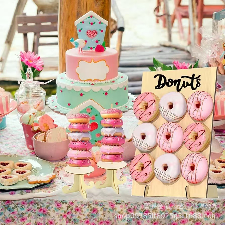 Soporte de donas de madera transfronterizo, plataforma de decoración de pastelería de madera, decoración de fiesta de cumpleaños, soporte de exhibición de donas