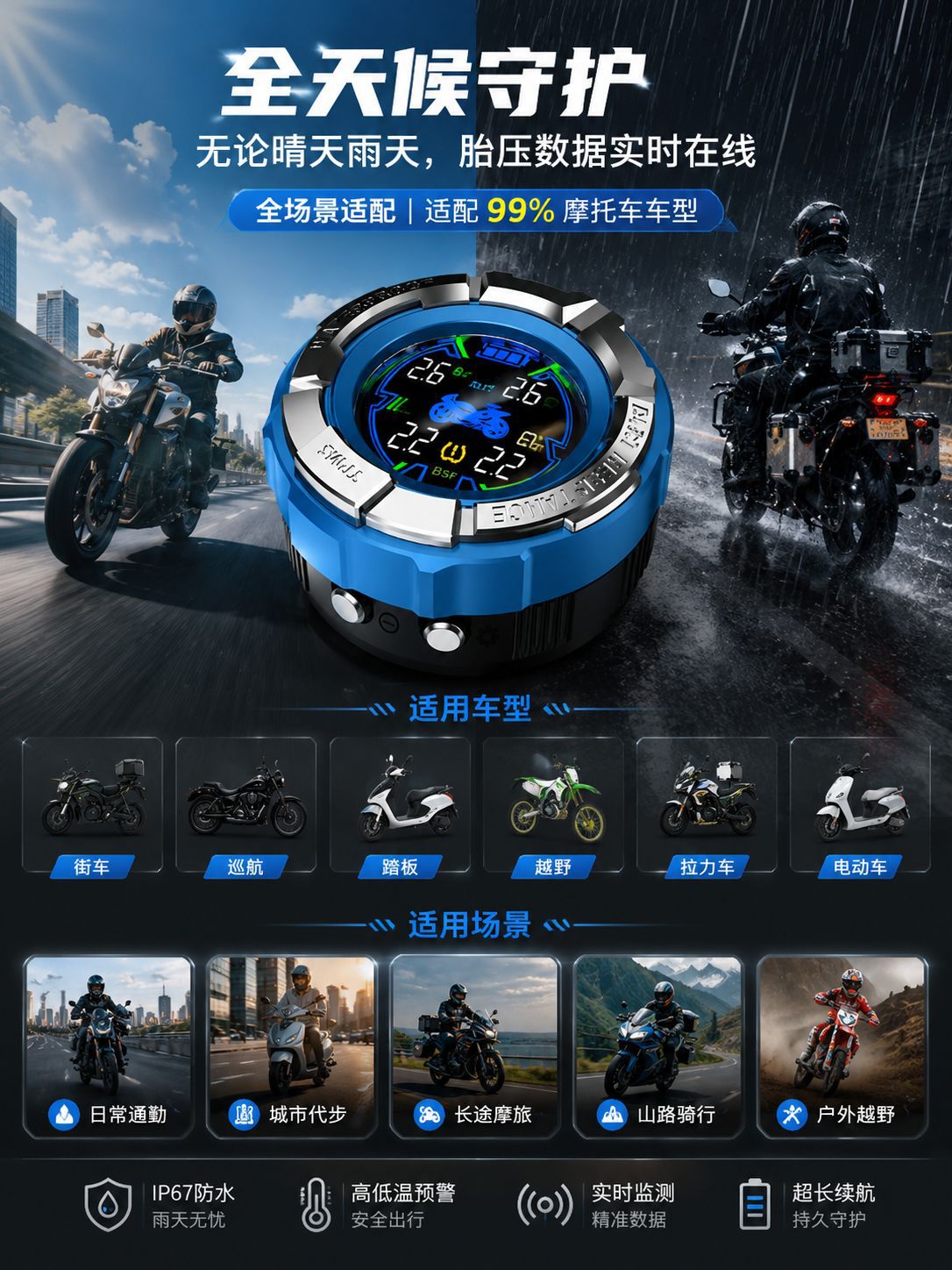 T02 Motorcycle Tire Pressure Monitor Mini Personalized Design High Precision Waterproof and Dustproof Pressure Monitoring System