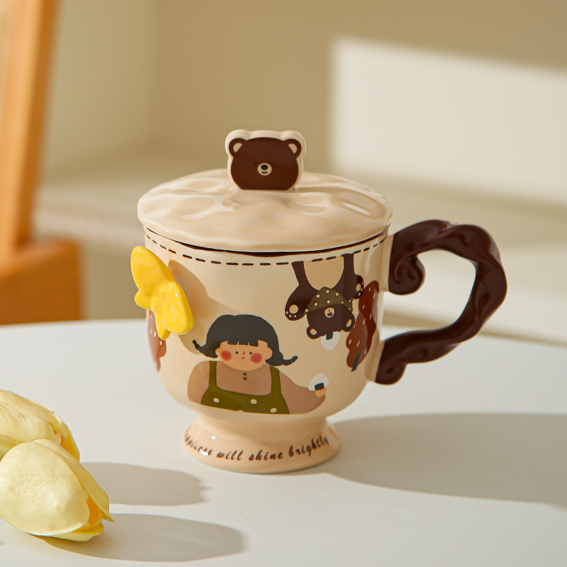 Retro chica taza de pie alto caja de regalo mariposa alta sensación de taza de cerámica con tapa de regalo de cumpleaños de chicas