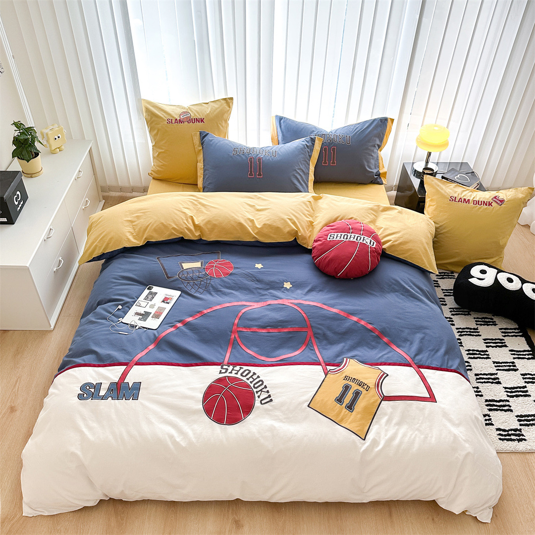 Youth Style Boy basketball embroidery bedding single double bedding student cotton washed cotton three four-piece home textile
