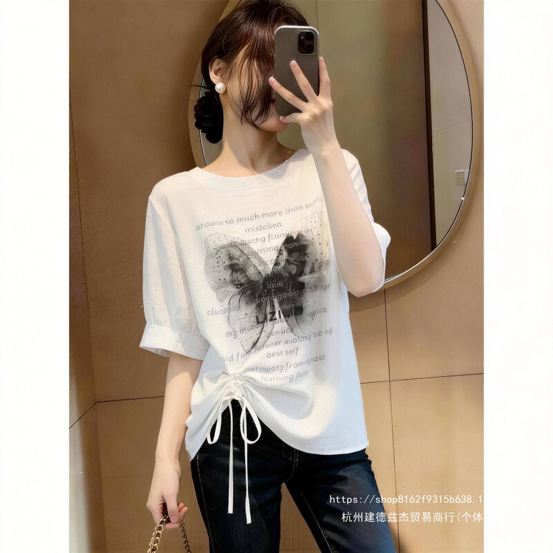 Irregular drawstring letter butterfly print shirt for women, summer plus size, Korean style, vintage, elegant, age-reducing top
