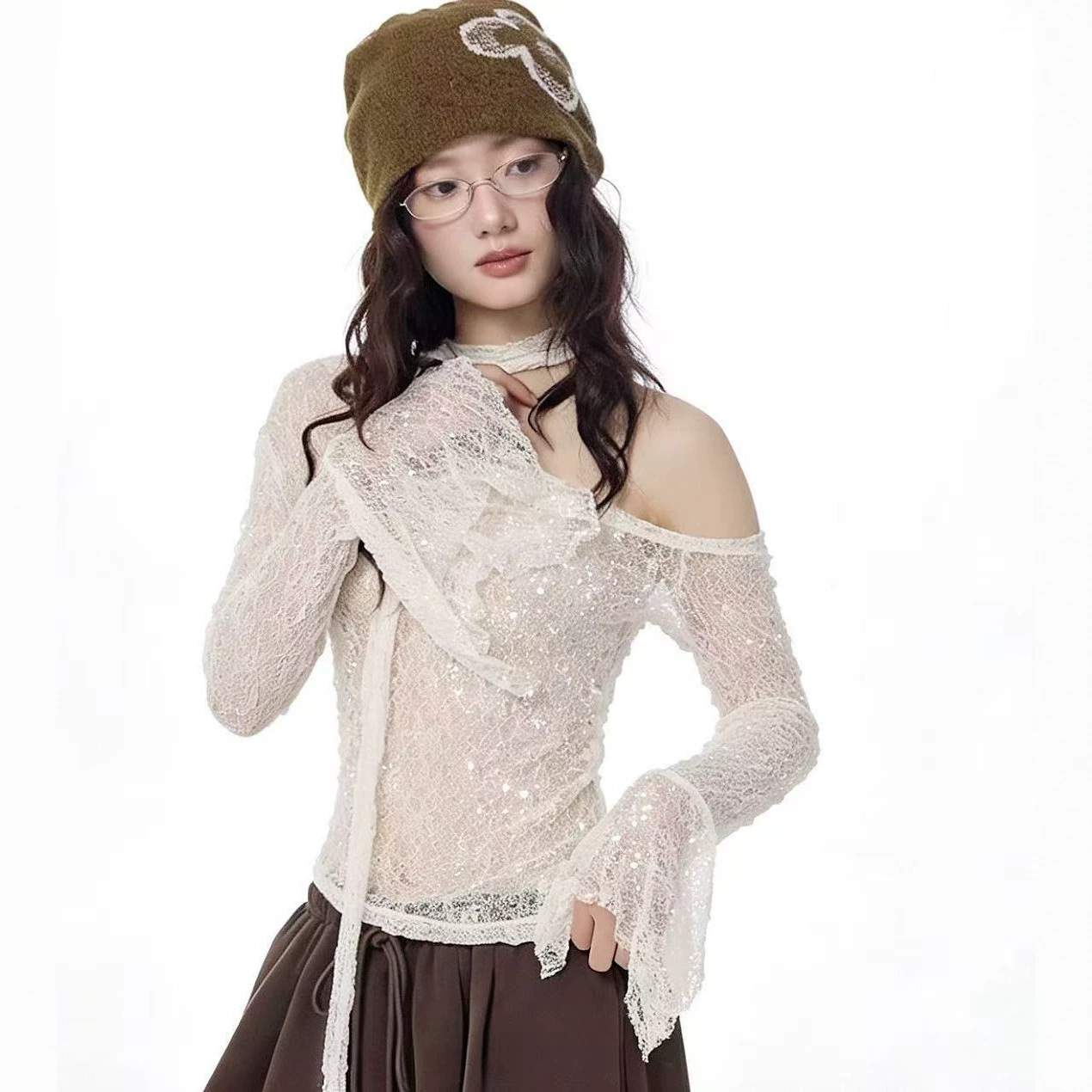 New jazz dance sequined lace blouse, street dance outfit with a unique design, mesh long-sleeve niche versatile top