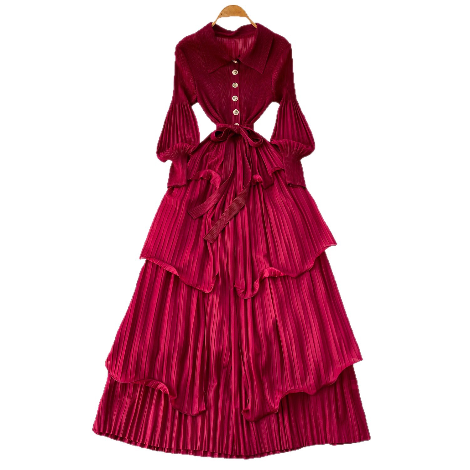 Korean Style Lantern Sleeve Dress, Women's Fitted Waist Tie Ruffle Pleated Cake Skirt, Slimming Long Skirt_ecoleips.com