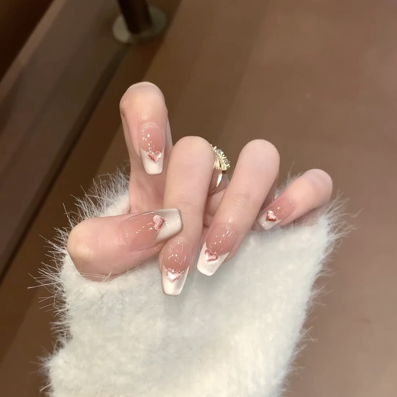 French-Style Crystal Heart Cat Eye Handmade Wearable Nails, Brightening and Gentle Short Style, High-End Nail Art Patches, Fake Nails