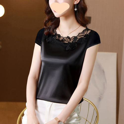 Summer Lace Design Women's Short Sleeve Top Outerwear Satin Base Layer Top Fashion Trendy Plus Size Bodycon Top